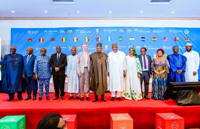 Hand-in-Hand (HiH) Investment Forum Vice-President Kashim Shettima(Middle) L-R Dede Ekoue: IFAD Country Director, Hon. Dr. Yusuf Tanko Sununu: HM Humanitarian, H.E Patricia Obila, Deputy Governor Ebonyi State, Dr. Demba Sabally: Minister of Agriculture, Livestock and Food Security Republic of Gambia, Gautier Mignot, EU Ambassador to Nigeria and ECOWAS FAO Country Head, Sen Abubakara Kyari, HM Agriculture and Food Security, Madam Bintia Steven: FAO Subregional coordinator, Dr. Hussein Gadain FAO Representative to Nigeria and ECOWAS, Professor Prof. Abba Gambo: Reps Nigeria Governors Forum (NGF), Princess Adejoke Orelope Adefulire SSA to the President on SDGs and Hon Farouk Adamu Aliyu during the Food and Agriculture Organization of the United Nations National and Sub-regional Hand-in-Hand (HiH) Investment Forum in Abuja on Tuesday (16-09-2025)
