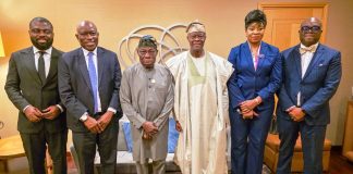 From Left To Right 1. Ayo Sotinrin -M.D Bank Of Agriculture 2. ⁠Dr. George Stanley - Director IER, Ministry of Finance. 3. ⁠H.E Olusegun Obasanjo -Former President of Nigeria/Chair of the IATF Advisory Council. 4. ⁠Wale Edun- Honourable Minister of Finance and Coordinating Minister of the Economy. 5. ⁠Dr. Oyebola Akande - Assistant Director African Financial Institutions IERD, Ministry of Finance. 6. ⁠Dr. Ifeyinwa Isiekwe - S. A to the Minister of Finance on Economic Coordination In a group photograph shortly after the meeting