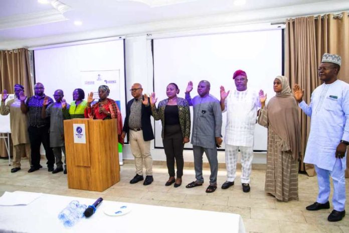 Middle: Mrs. Ladidi Bako-Aiyegbusi mni Director/Head Health Nutrition Department FMoHSW, representing the Honourable Coordinating Minister for Health &Social Welfare, leading the pledge for commitment to Lead Poisoning Elimination in Nigeria by the Inter-Agency Working Group on Lead Elimination.