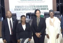 L/R, Representative of the Chief judge of Federal High Court, Justice Obiora Egwuatu, Director Solicitor, Mrs. Gladys Odegbaro, Director Administration of Criminal Justice and Reform Department, FMOJ. Mrs. Leticial Ayoola - Daniels and President Centre for Socio - Legal Studies and team Prof. Yemi Akinseye - George , dignitaries and participate in a Photograph during A Stakeholder' Meeting for the Final Review and Validation of the Draft Administration of Criminal Justice Amendment Bill at Olusegun Obasanjo Auditorium, Federal Ministry of justice, Maltama Abuja.