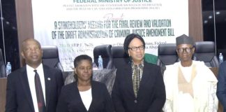 L/R, Representative of the Chief judge of Federal High Court, Justice Obiora Egwuatu, Director Solicitor, Mrs. Gladys Odegbaro, Director Administration of Criminal Justice and Reform Department, FMOJ. Mrs. Leticial Ayoola - Daniels and President Centre for Socio - Legal Studies and team Prof. Yemi Akinseye - George , dignitaries and participate in a Photograph during A Stakeholder' Meeting for the Final Review and Validation of the Draft Administration of Criminal Justice Amendment Bill at Olusegun Obasanjo Auditorium, Federal Ministry of justice, Maltama Abuja.