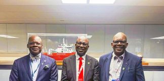 L-R: Nigeria’s Alternate Permanent Representative to the International Maritime Organization (IMO), Mr William Bwala; Director General, Nigerian Maritime Administration and Safety Agency (NIMASA), Dr Dayo Mobereola and Executive Secretary/CEO, Nigerian Shippers’ Council, Dr Akutah Pius Ukeyima, at the Africa Maritime and Shipping Assembly, held as part of the 2025 London International Shipping Week, at the IMO headquarters in London, on Thursday.