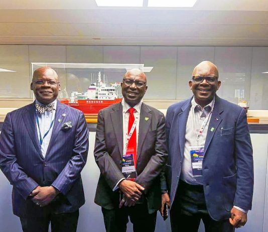 L-R: Nigeria’s Alternate Permanent Representative to the International Maritime Organization (IMO), Mr William Bwala; Director General, Nigerian Maritime Administration and Safety Agency (NIMASA), Dr Dayo Mobereola and Executive Secretary/CEO, Nigerian Shippers’ Council, Dr Akutah Pius Ukeyima, at the Africa Maritime and Shipping Assembly, held as part of the 2025 London International Shipping Week, at the IMO headquarters in London, on Thursday.