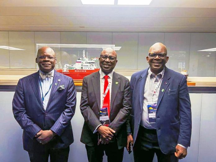 London International Shipping Week L-R: Nigeria’s Alternate Permanent Representative to the International Maritime Organization (IMO), Mr William Bwala; Director General, Nigerian Maritime Administration and Safety Agency (NIMASA), Dr Dayo Mobereola and Executive Secretary/CEO, Nigerian Shippers’ Council, Dr Akutah Pius Ukeyima, at the Africa Maritime and Shipping Assembly, held as part of the 2025 London International Shipping Week, at the IMO headquarters in London, on Thursday.