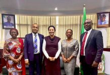 L - R: Permanent Secretary, Federal Ministry of Finance, Mrs Lydia Shehu Jafiya, Mr Bonaventure E. Okhaimo, Managing Director/Chief Executive Officer of the National Credit Guarantee Company Limited (NCGC), Dr. Doris Uzoka-Anite, Honourable Minister of State, Finance, Tinuola Aigwedo, Executive Director, Strategy and Operations NCGC, and Prof. Ezekiel Oseni, Executive Director, Risk Management, NCGC, in a group photograph shortly after the courtesy call on the Honourable Minister of State for Finance Dr Doris Uzoka-Anite today in her office in Abuja