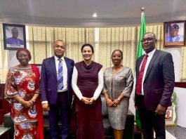 L - R: Permanent Secretary, Federal Ministry of Finance, Mrs Lydia Shehu Jafiya, Mr Bonaventure E. Okhaimo, Managing Director/Chief Executive Officer of the National Credit Guarantee Company Limited (NCGC), Dr. Doris Uzoka-Anite, Honourable Minister of State, Finance, Tinuola Aigwedo, Executive Director, Strategy and Operations NCGC, and Prof. Ezekiel Oseni, Executive Director, Risk Management, NCGC, in a group photograph shortly after the courtesy call on the Honourable Minister of State for Finance Dr Doris Uzoka-Anite today in her office in Abuja