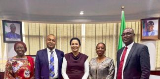 L - R: Permanent Secretary, Federal Ministry of Finance, Mrs Lydia Shehu Jafiya, Mr Bonaventure E. Okhaimo, Managing Director/Chief Executive Officer of the National Credit Guarantee Company Limited (NCGC), Dr. Doris Uzoka-Anite, Honourable Minister of State, Finance, Tinuola Aigwedo, Executive Director, Strategy and Operations NCGC, and Prof. Ezekiel Oseni, Executive Director, Risk Management, NCGC, in a group photograph shortly after the courtesy call on the Honourable Minister of State for Finance Dr Doris Uzoka-Anite today in her office in Abuja