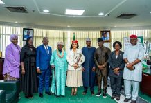 From L -R: 1. The Permanent Secretary Special Duties Federal Ministry of Finance Mr Raymond Omenka Omachi, 2. Mr Ayo Gbeleyi, Director General, Bureau of Public Enterprises, 3. The Honourable Minister of State for Finance Dr Doris Uzoka-Anite, 4. The Honourable Minister of Finance and Coordinating Minister of the Economy Mr Wale Edun, 5. Mrs Olu Verheijen, SA Energy to the President, and 6. Dr Armstrong Takang, MD MOFI, in a group photograph at the Federal Ministry of Finance Headquarters, Abuja, shortly after the conferment of the esteemed chieftaincy title of Ada Ukwu Ndi Orlu Zone by His Imperial Majesty, Eze (Dr) Thomas Obiwuru Obiefule, the Paramount Ruler of Umudioka Ancient Kingdom, Orlu Local Government Area of Imo State.