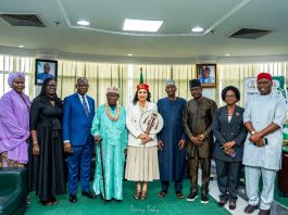 From L -R: 1. The Permanent Secretary Special Duties Federal Ministry of Finance Mr Raymond Omenka Omachi, 2. Mr Ayo Gbeleyi, Director General, Bureau of Public Enterprises, 3. The Honourable Minister of State for Finance Dr Doris Uzoka-Anite, 4. The Honourable Minister of Finance and Coordinating Minister of the Economy Mr Wale Edun, 5. Mrs Olu Verheijen, SA Energy to the President, and 6. Dr Armstrong Takang, MD MOFI, in a group photograph at the Federal Ministry of Finance Headquarters, Abuja, shortly after the conferment of the esteemed chieftaincy title of Ada Ukwu Ndi Orlu Zone by His Imperial Majesty, Eze (Dr) Thomas Obiwuru Obiefule, the Paramount Ruler of Umudioka Ancient Kingdom, Orlu Local Government Area of Imo State.