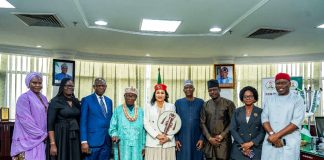 From L -R: 1. The Permanent Secretary Special Duties Federal Ministry of Finance Mr Raymond Omenka Omachi, 2. Mr Ayo Gbeleyi, Director General, Bureau of Public Enterprises, 3. The Honourable Minister of State for Finance Dr Doris Uzoka-Anite, 4. The Honourable Minister of Finance and Coordinating Minister of the Economy Mr Wale Edun, 5. Mrs Olu Verheijen, SA Energy to the President, and 6. Dr Armstrong Takang, MD MOFI, in a group photograph at the Federal Ministry of Finance Headquarters, Abuja, shortly after the conferment of the esteemed chieftaincy title of Ada Ukwu Ndi Orlu Zone by His Imperial Majesty, Eze (Dr) Thomas Obiwuru Obiefule, the Paramount Ruler of Umudioka Ancient Kingdom, Orlu Local Government Area of Imo State.