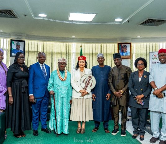 From L -R: 1. The Permanent Secretary Special Duties Federal Ministry of Finance Mr Raymond Omenka Omachi, 2. Mr Ayo Gbeleyi, Director General, Bureau of Public Enterprises, 3. The Honourable Minister of State for Finance Dr Doris Uzoka-Anite, 4. The Honourable Minister of Finance and Coordinating Minister of the Economy Mr Wale Edun, 5. Mrs Olu Verheijen, SA Energy to the President, and 6. Dr Armstrong Takang, MD MOFI, in a group photograph at the Federal Ministry of Finance Headquarters, Abuja, shortly after the conferment of the esteemed chieftaincy title of Ada Ukwu Ndi Orlu Zone by His Imperial Majesty, Eze (Dr) Thomas Obiwuru Obiefule, the Paramount Ruler of Umudioka Ancient Kingdom, Orlu Local Government Area of Imo State.