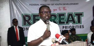 Honourable Minister of Youth Development, Comrade Ayodele Olawande, delivering his address at the Presidential Priorities and Deliverables Retreat in Abuja.