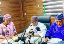 The Minister of Regional Development, Engr. Abubakar Momoh, ( Centre) delivering his address during a Retreat organized by the Ministry of Regional Development and the Development Commissions, anchored by the Bureau of Public Procurement (BPP) on 8th September, 2025, at the Minister's Conference Room, Federal Secretariat Phase 1, Abuja. Hon. Minister of State, Regional Development (MRD), H.E. Uba Maigari Ahmadu is on the right, while the Permanent Secretary Dr. Mary Ada Ogbe is on the left.
