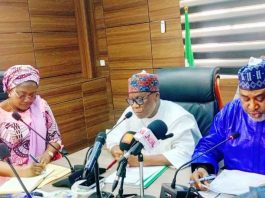 The Minister of Regional Development, Engr. Abubakar Momoh, ( Centre) delivering his address during a Retreat organized by the Ministry of Regional Development and the Development Commissions, anchored by the Bureau of Public Procurement (BPP) on 8th September, 2025, at the Minister's Conference Room, Federal Secretariat Phase 1, Abuja. Hon. Minister of State, Regional Development (MRD), H.E. Uba Maigari Ahmadu is on the right, while the Permanent Secretary Dr. Mary Ada Ogbe is on the left.