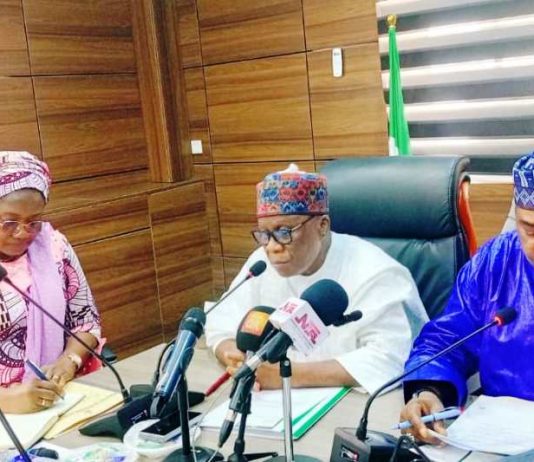 The Minister of Regional Development, Engr. Abubakar Momoh, ( Centre) delivering his address during a Retreat organized by the Ministry of Regional Development and the Development Commissions, anchored by the Bureau of Public Procurement (BPP) on 8th September, 2025, at the Minister's Conference Room, Federal Secretariat Phase 1, Abuja. Hon. Minister of State, Regional Development (MRD), H.E. Uba Maigari Ahmadu is on the right, while the Permanent Secretary Dr. Mary Ada Ogbe is on the left.