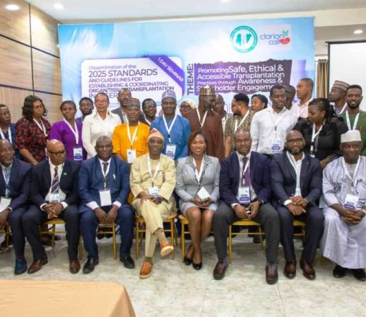 Seated L-R: Professor Abdulkabir Ayanniyi; Dr. Francis Ogbise, Professor Aliyu Abdu, Professor Philip O.Abiodun Chairman National Tertiary Health Institutions Standards Committee NTHISC; Dr. Iyore James President Clarion Call Care Foundation.