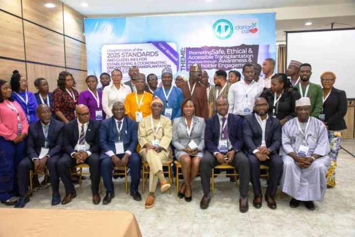 Seated L-R: Professor Abdulkabir Ayanniyi; Dr. Francis Ogbise, Professor Aliyu Abdu, Professor Philip O.Abiodun Chairman National Tertiary Health Institutions Standards Committee NTHISC; Dr. Iyore James President Clarion Call Care Foundation.