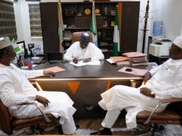 The Director General of NTAC, Rt. Hon. Yusuf Buba Yakub (m) as he signs the Country Agreement today, Tuesday, September 2, 2025, to commence Volunteers' deployment to South Sudan, while Amb. Yakubu Abdullahi Ahmed, Director of Administration and Amb. Zakari Usman, fdc, Director of Programmes at the Agency watch on.