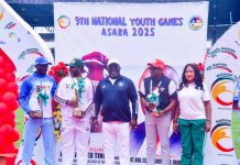 R–L: Director, Grassroots Sports Development, Amaka Ashiofu; Commissioner of Sports, Edo State, Mr. Amadin Desmond Enabulele; Governor of Delta State, His Excellency, Rt. Hon. (Elder) Sheriff Oborevwori; Director-General, Lagos State Sports Commission, Mr. Lekan Fatodu; and Chairman, Local Organising Committee, 9th National Youth Games, Asaba, Hon. Onoriode Oborevwori, during the presentation of trophies to winning states at the closing ceremony of the Games.