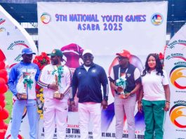 R–L: Director, Grassroots Sports Development, Amaka Ashiofu; Commissioner of Sports, Edo State, Mr. Amadin Desmond Enabulele; Governor of Delta State, His Excellency, Rt. Hon. (Elder) Sheriff Oborevwori; Director-General, Lagos State Sports Commission, Mr. Lekan Fatodu; and Chairman, Local Organising Committee, 9th National Youth Games, Asaba, Hon. Onoriode Oborevwori, during the presentation of trophies to winning states at the closing ceremony of the Games.