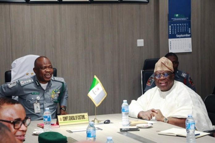 FCSC Chairman, Prof. Tunji Olaopa (Right) with the Controller General (CG) of the Nigeria Customs Service, Mr. Bashir Adewale Adeniyi MFR, during Olaopa's courtesy visit to the Controller General (CG) in Abuja.