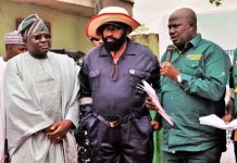 L-R, the Permanent Secretary, FMAFS, Dr Marcus Olaniyi Ogunbiyi, Farmer Governor, Niger State and Minister of State for Agriculture and Food Security, Sen Dr Aliyu Sabi Abdullahi during the flag-off of distribution of agricultural inputs in Minna, Niger State.