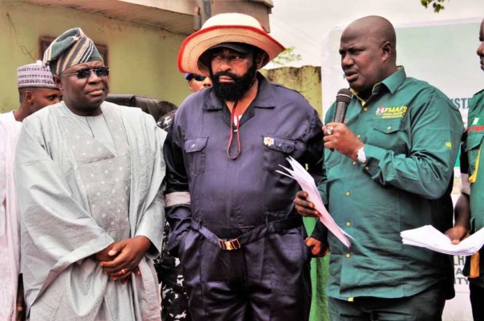 L-R, the Permanent Secretary, FMAFS, Dr Marcus Olaniyi Ogunbiyi, Farmer Governor, Niger State and Minister of State for Agriculture and Food Security, Sen Dr Aliyu Sabi Abdullahi during the flag-off of distribution of agricultural inputs in Minna, Niger State.