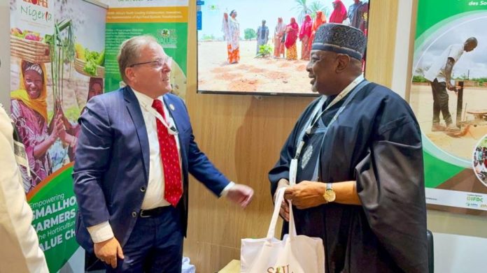 meeting in Dakar, Senegal L -R, the President/CEO, IFDC, Henk Van Deepen and Minister of Agriculture and Food Security, Sen Abubakar Kyari during the meeting in Dakar, Senegal.