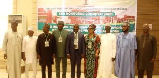 Inset; Chairman of the Committe and Representative of RMAFC Chairman Engr. Nduka Henry Awuregu,4th left; Vice Chairman of the Committee; Prof Steve Ugba, 4th right: Hon. Nkech Linda Otti, 3rd left; Hon. Victor Eboigbe, 3rd right Hon. Adamu Panda, 2nd right; Secretary to the Commission, Nwaze Joseph Okechukwu, 1st left; Secretary to the Committee Dr. Tanimu Adamu Aliyu and the resource persons at the occasion