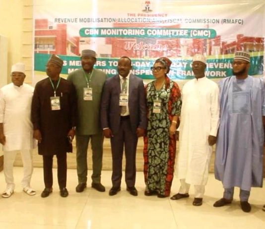 Inset; Chairman of the Committe and Representative of RMAFC Chairman Engr. Nduka Henry Awuregu,4th left; Vice Chairman of the Committee; Prof Steve Ugba, 4th right: Hon. Nkech Linda Otti, 3rd left; Hon. Victor Eboigbe, 3rd right Hon. Adamu Panda, 2nd right; Secretary to the Commission, Nwaze Joseph Okechukwu, 1st left; Secretary to the Committee Dr. Tanimu Adamu Aliyu and the resource persons at the occasion