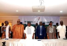 From Left -Right ,The PS.Ministry Of Regional Development, Dr. Ogbe , The Hon.Min.Of State, H.E. Uba Maigari Ahmadu, The Hon.Min. Ministry Of Regional Development, Engr. Abubakar Momoh, Dep.Gov.Of Nasarawa State, Dr . Emmanuel Okabe, Board Chairman, NCDC, Bar.Cosmas Akyhir and the MD.NCDC, Dr. Cyril Tsenyil Yilksen during the 2 day Policy Review Workshop in Lafia..