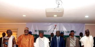 From Left -Right ,The PS.Ministry Of Regional Development, Dr. Ogbe , The Hon.Min.Of State, H.E. Uba Maigari Ahmadu, The Hon.Min. Ministry Of Regional Development, Engr. Abubakar Momoh, Dep.Gov.Of Nasarawa State, Dr . Emmanuel Okabe, Board Chairman, NCDC, Bar.Cosmas Akyhir and the MD.NCDC, Dr. Cyril Tsenyil Yilksen during the 2 day Policy Review Workshop in Lafia..