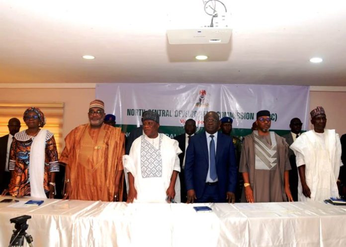 From Left -Right ,The PS.Ministry Of Regional Development, Dr. Ogbe , The Hon.Min.Of State, H.E. Uba Maigari Ahmadu, The Hon.Min. Ministry Of Regional Development, Engr. Abubakar Momoh, Dep.Gov.Of Nasarawa State, Dr . Emmanuel Okabe, Board Chairman, NCDC, Bar.Cosmas Akyhir and the MD.NCDC, Dr. Cyril Tsenyil Yilksen during the 2 day Policy Review Workshop in Lafia..