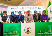 Symbolic handwashing ceremony by the Honourable Minister of Water Resources and Sanitation, Engr. Prof. Joseph Terlumun Utsev (3rd right), and other dignitaries during the 2025 Global Handwashing Day Commemoration held in Abuja today.