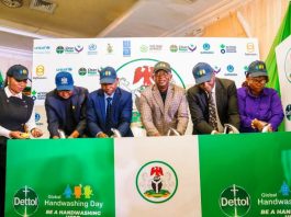 Symbolic handwashing ceremony by the Honourable Minister of Water Resources and Sanitation, Engr. Prof. Joseph Terlumun Utsev (3rd right), and other dignitaries during the 2025 Global Handwashing Day Commemoration held in Abuja today.