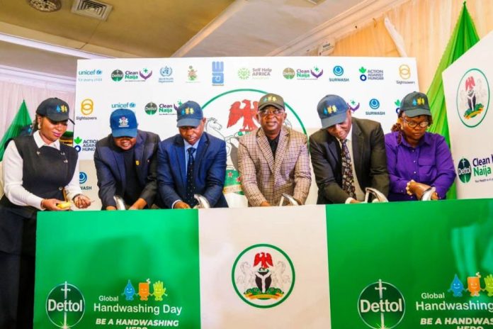 2025 Global Handwashing Day5 Symbolic handwashing ceremony by the Honourable Minister of Water Resources and Sanitation, Engr. Prof. Joseph Terlumun Utsev (3rd right), and other dignitaries during the 2025 Global Handwashing Day Commemoration held in Abuja today.