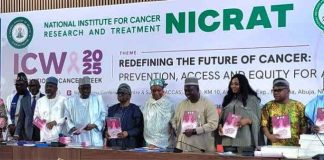 Launching of Report by The Honourable Coordinating Minister of Health & Social Welfare, Professor Muhammad Ali Pate CON; Fifth from Right: Represented by Dr. Salaudeen Jimoh mni, Director Hospital Services Department in the Ministry; 3rd from Right: Dr. Kehinde Ololade (Special Assistant to HMS) representing the Honourable Minister of State for Health & Social Welfare; Supported by other Government Officials and Stakeholders.