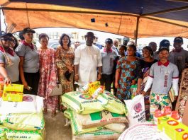 Deputy Governor Abia State (Middle, on white), His Excellency, Ikechukwu Emetu, Assistant Director and Head Programs Development and Implementation PDI, Mrs Fati Abubakar (3rd from the left) and other Abia State Officials and beneficiaries look on