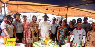 Deputy Governor Abia State (Middle, on white), His Excellency, Ikechukwu Emetu, Assistant Director and Head Programs Development and Implementation PDI, Mrs Fati Abubakar (3rd from the left) and other Abia State Officials and beneficiaries look on