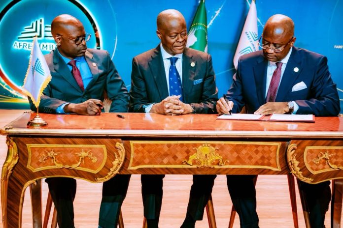 Afreximbank Leadership Handover Director, Board Secretariat, Afreximbank- Gerald Chihota, Afreximbank President- Dr. George Elombi, Chairman of the AGM, Afreximbank and HMF/CME of Nigeria - Wale Edun