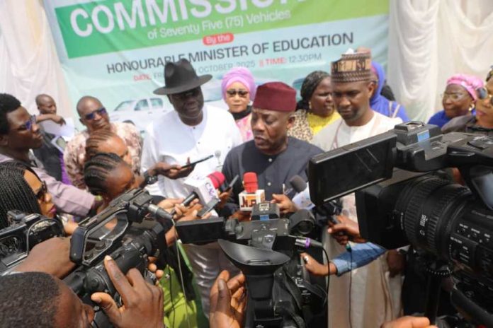 Alausa Flags Off 75 New Vehicles3 Honourable Minister of Education Addressing the Press During the Commissioning of Operational 75 Vehicles for the Ministry