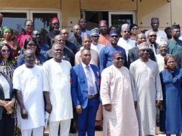 Representative of the Director-General, Bureau of Public Procurement (BPP) and Director, Civil Infrastructure Department (CID), BPP, Engr. Nasir M. Bello 5th right, Director-General, Bureau of Public Service Reforms (BPRS), Dr. Dasuki Ibrahim Arabi 7th left, Engr. Isaiah Yesufu 6th left, Director, Compliance, Certification and Monitoring Department (CCM), some management staff of the Bureau and Participants in a group photograph during Bureau's Three-Day Refresher Training/Workshop for Procurement Officers of SGL 14-16 in the Pool of the BPP in Abuja