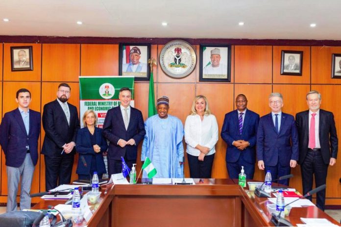 Bagudu $1 Trillion Economy The Hon. Minister of Budget and Economic Planning Sen. Abubakar Atiku Bagudu CON in company of the Team lead of the EU Parliamentary Committee on Foreign Affairs Mr. David McAllister (left), and other members of his team during the courtesy visit to the Minister yesterday.