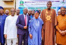 L-R: Director of Fisheries and Aquaculture, Federal Ministry of Marine and Blue Economy, Mr. Wellington Omoragbon; Executive Director/CEO, Nigerian Institute for Oceanography and Marine Research (NIOMR), Prof. Abiodun Sule; Permanent Secretary, Federal Ministry of Marine and Blue Economy, Mr. Olufemi Oloruntola; Minister of Marine and Blue Economy, Dr. Adegboyega Oyetola, CON; Director-General, National Institute for Policy and Strategic Studies (NIPSS), Prof. Ayo Omotayo and Executive Secretary/CEO, Nigerian Shippers’ Council, Dr. Pius Akutah, at the opening of a two-day Roundtable Discussion on Accelerating National Fish Production in Victoria Island, Lagos, on Wednesday.