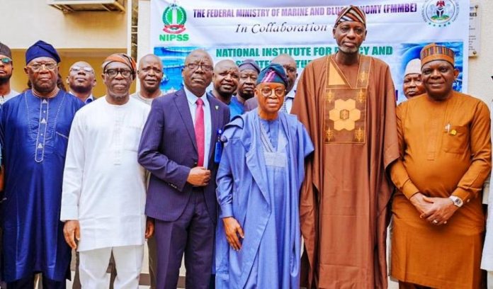 Blue Economy Ministry, NIPSS Partner L-R: Director of Fisheries and Aquaculture, Federal Ministry of Marine and Blue Economy, Mr. Wellington Omoragbon; Executive Director/CEO, Nigerian Institute for Oceanography and Marine Research (NIOMR), Prof. Abiodun Sule; Permanent Secretary, Federal Ministry of Marine and Blue Economy, Mr. Olufemi Oloruntola; Minister of Marine and Blue Economy, Dr. Adegboyega Oyetola, CON; Director-General, National Institute for Policy and Strategic Studies (NIPSS), Prof. Ayo Omotayo and Executive Secretary/CEO, Nigerian Shippers’ Council, Dr. Pius Akutah, at the opening of a two-day Roundtable Discussion on Accelerating National Fish Production in Victoria Island, Lagos, on Wednesday.