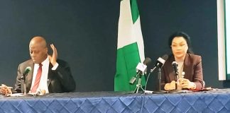 The Minister of State for Finance, Dr. Doris Uzoka-Anite and the Gov of the CBN, Mr. Olayemi Cardoso, during the Nigerian delegation press briefing at the 2025 Annual Meetings of the IMF and World Bank in Washington DC