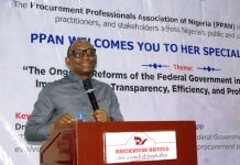 Director-General, Bureau of Public Procurement(BPP), Dr. Adebowale A. Adedokun, FCIPS, ACFE, delivering his keynote address at the monthly meeting with of the members of the Procurement Professionals Association of NIgeria (PPAN) at Rockview Royale Hotel, Abuja