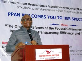 Director-General, Bureau of Public Procurement(BPP), Dr. Adebowale A. Adedokun, FCIPS, ACFE, delivering his keynote address at the monthly meeting with of the members of the Procurement Professionals Association of NIgeria (PPAN) at Rockview Royale Hotel, Abuja