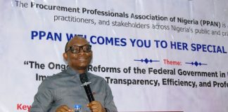 Director-General, Bureau of Public Procurement(BPP), Dr. Adebowale A. Adedokun, FCIPS, ACFE, delivering his keynote address at the monthly meeting with of the members of the Procurement Professionals Association of NIgeria (PPAN) at Rockview Royale Hotel, Abuja