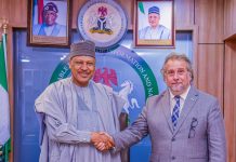 Honourable Minister of Information and National Orientation, Mohammed Idris, fnipr (left), welcomes the Ambassador of the Argentine Republic to Nigeria, H.E. Nicolás Perazzo Naón (right), during a courtesy visit to the Ministry on October 8, 2025, in Abuja.